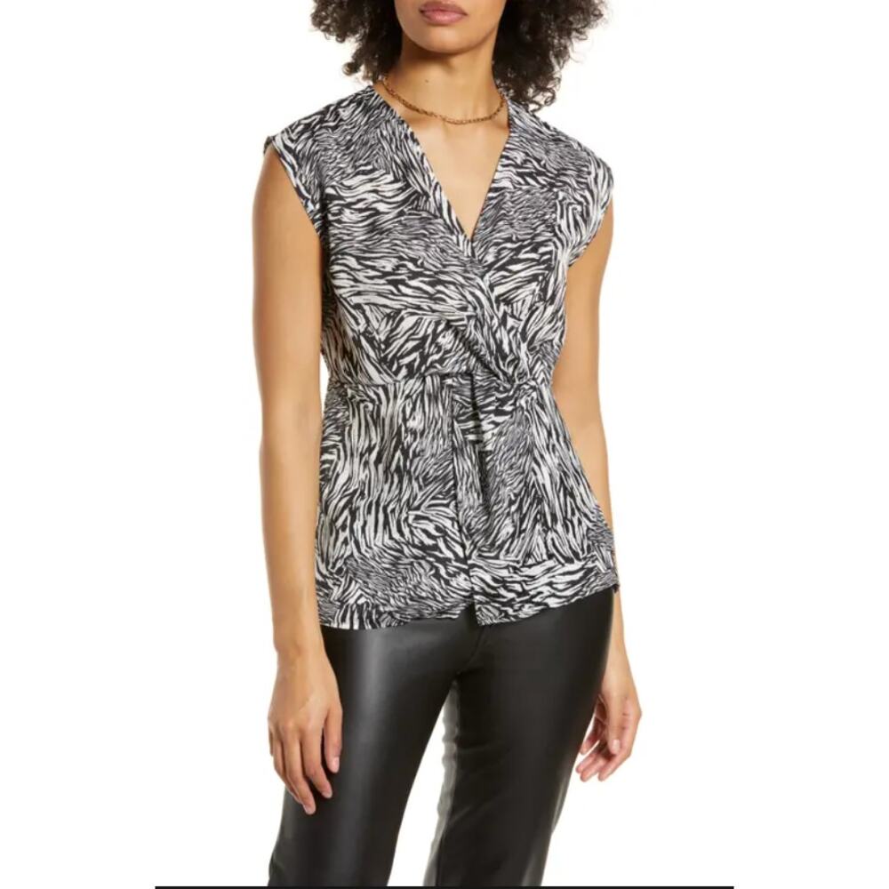 Halogen Womens Twist Front Top XS Black Ivory Splice Animal Short Sleeve NWOT